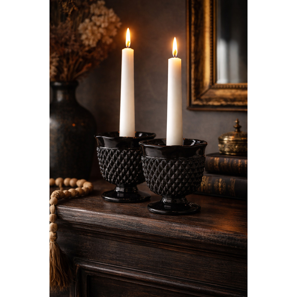 Vintage Tiara Indiana Black Amethyst Glass Candle Holders Diamond Point Set of 2